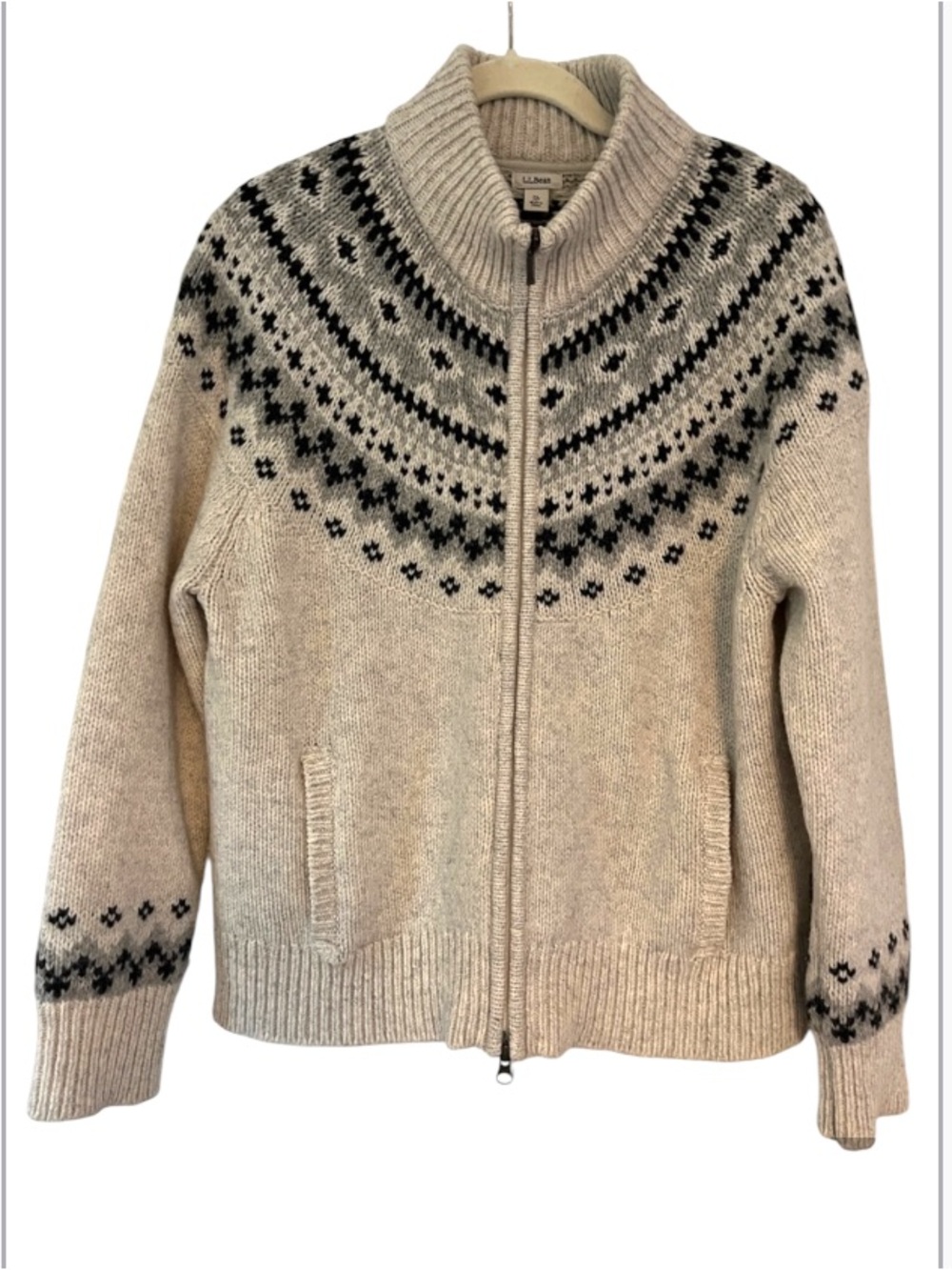 LL Bean Fairisle Full Zip Cardigan Sweater Lambswool Sz PXL